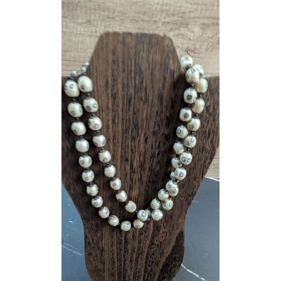 Handcrafted Double-Strand Cream Bead Necklace  Black Accents Floral Etched - Picture 3 of 6